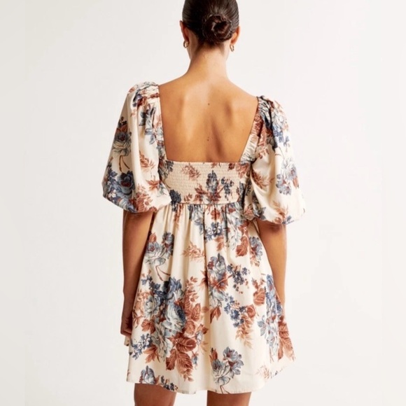 Abercrombie Fitch Emerson Poplin Puff Sleeve Mini Dress Cream Floral Size XL - Picture 2 of 8